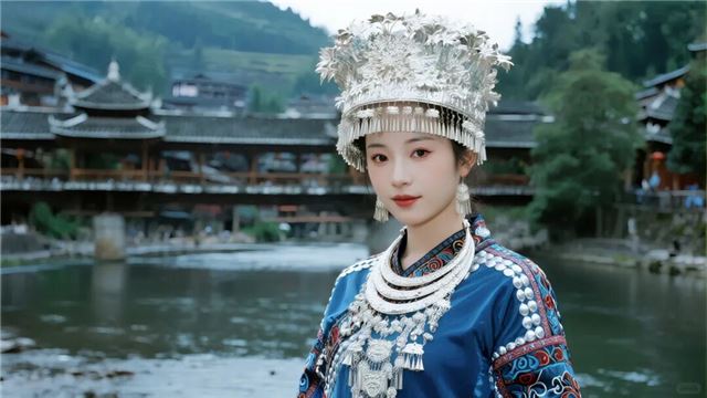 摄图网_603411652_身着民族服饰的女子站在水边古建筑前（企业商用）.jpg